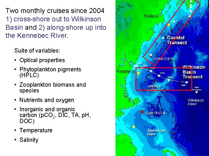 Two monthly cruises since 2004 1) cross-shore out to Wilkinson Basin and 2) along-shore