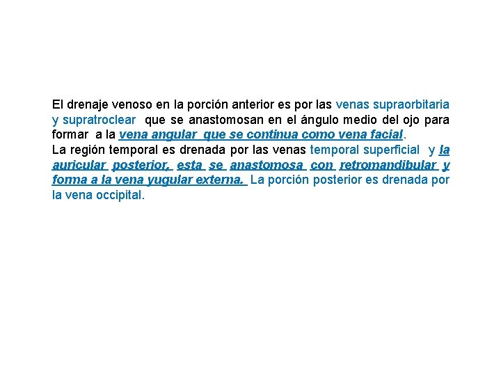 El drenaje venoso en la porción anterior es por las venas supraorbitaria y supratroclear