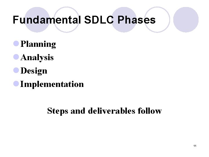 Fundamental SDLC Phases l Planning l Analysis l Design l Implementation Steps and deliverables