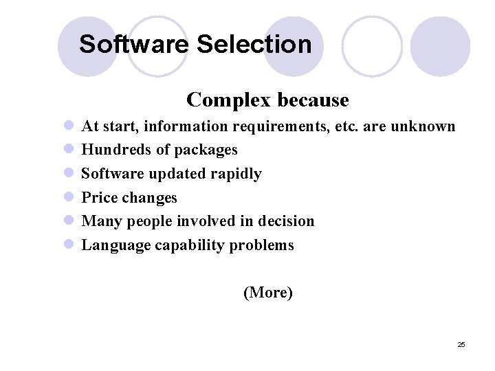 Software Selection Complex because l l l At start, information requirements, etc. are unknown