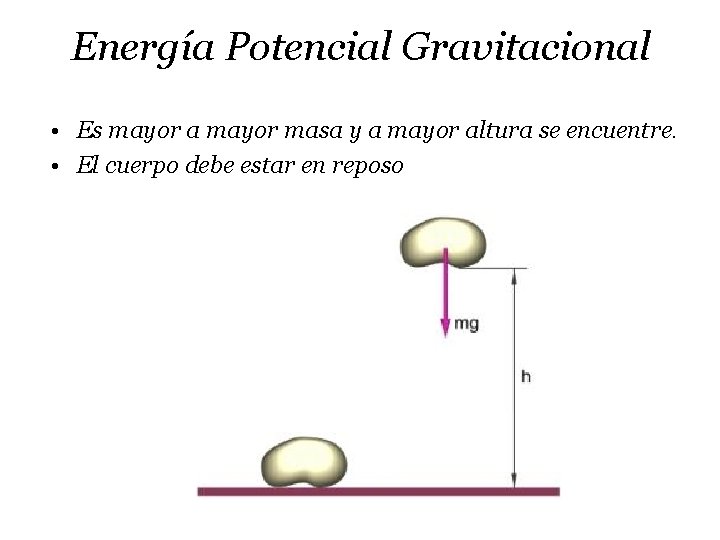 Energía Potencial Gravitacional • Es mayor a mayor masa y a mayor altura se