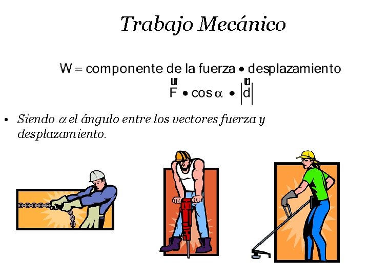 Trabajo Mecánico • Siendo el ángulo entre los vectores fuerza y desplazamiento. 