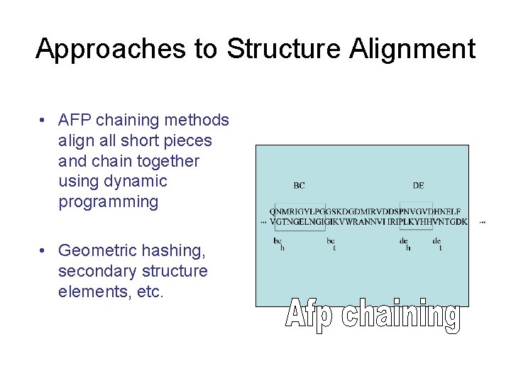 Approaches to Structure Alignment • AFP chaining methods align all short pieces and chain Approaches to Structure Alignment • AFP chaining methods align all short pieces and chain