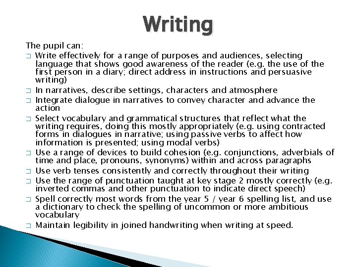 Writing The pupil can: � Write effectively for a range of purposes and audiences,
