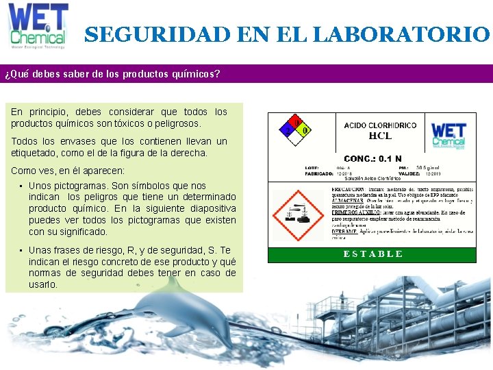 SEGURIDAD EN EL LABORATORIO ¿Qué debes saber de los productos químicos? En principio, debes