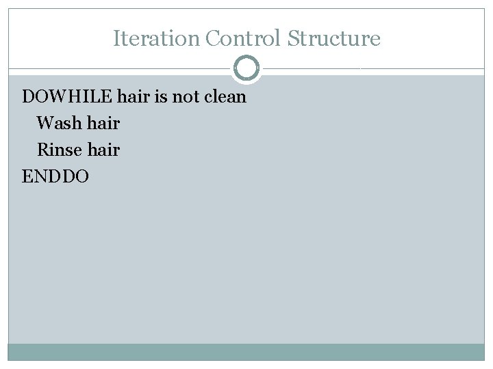 Iteration Control Structure DOWHILE hair is not clean Wash hair Rinse hair ENDDO Iteration Control Structure DOWHILE hair is not clean Wash hair Rinse hair ENDDO