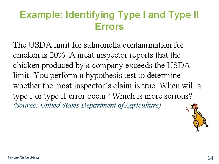 Example: Identifying Type I and Type II Errors The USDA limit for salmonella contamination