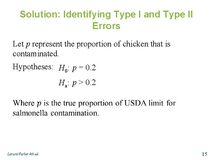 Solution: Identifying Type I and Type II Errors Let p represent the proportion of