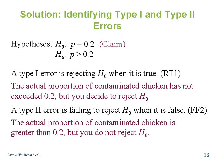 Solution: Identifying Type I and Type II Errors Hypotheses: H 0: p = 0.