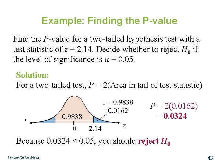Example: Finding the P-value Find the P-value for a two-tailed hypothesis test with a