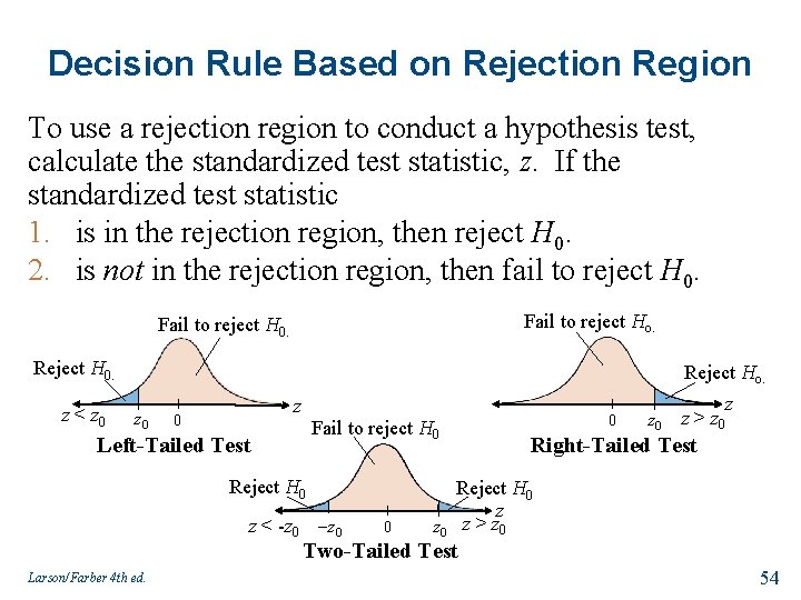 Decision Rule Based on Rejection Region To use a rejection region to conduct a