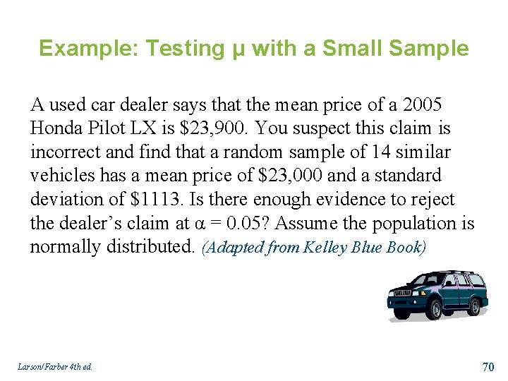 Example: Testing μ with a Small Sample A used car dealer says that the