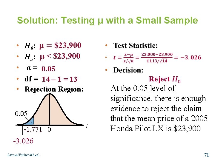 Solution: Testing μ with a Small Sample • • • H 0: Ha: μ