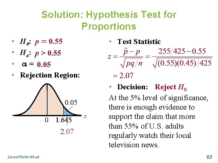 Solution: Hypothesis Test for Proportions • • H 0: Ha: p > 0. 55