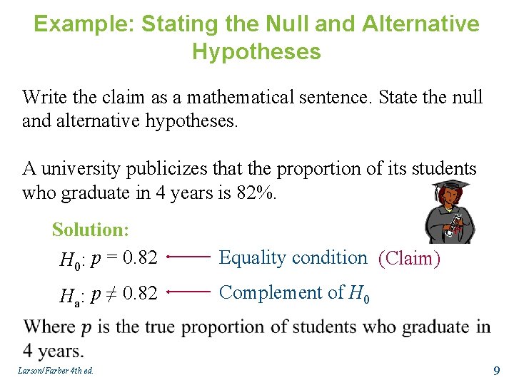 Example: Stating the Null and Alternative Hypotheses Write the claim as a mathematical sentence.