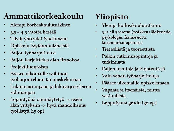 Ammattikorkeakoulu Yliopisto • • • Ylempi korkeakoulututkinto • 3+2 eli 5 vuotta (poikkeus lääketiede,