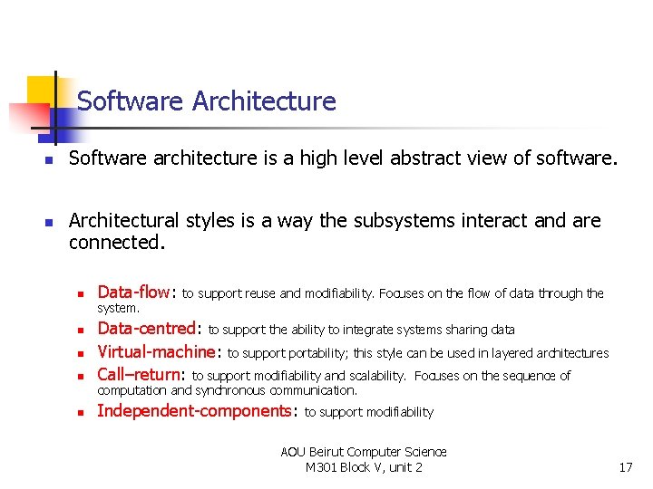 Software Architecture n n Software architecture is a high level abstract view of software.