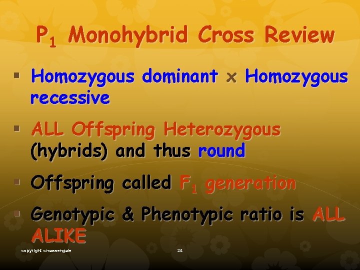 P 1 Monohybrid Cross Review § Homozygous dominant x Homozygous recessive § ALL Offspring