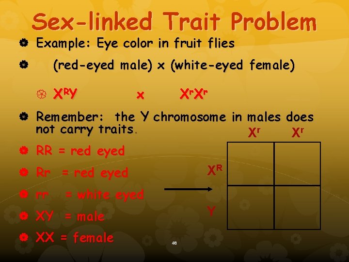 Sex-linked Trait Problem Example: Eye color in fruit flies (red-eyed male) x (white-eyed female)