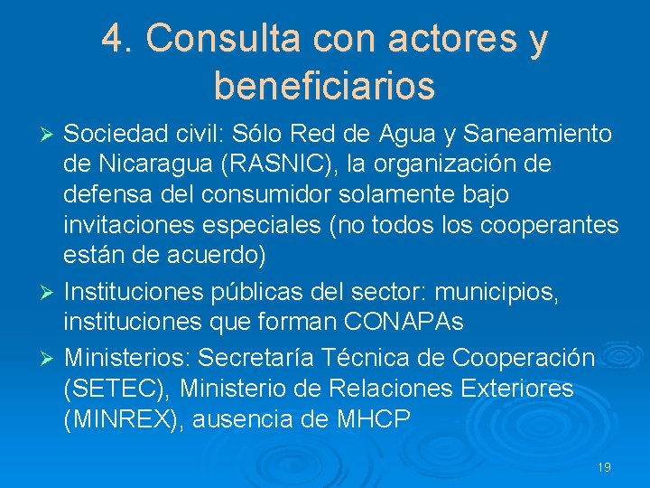 4. Consulta con actores y beneficiarios Sociedad civil: Sólo Red de Agua y Saneamiento