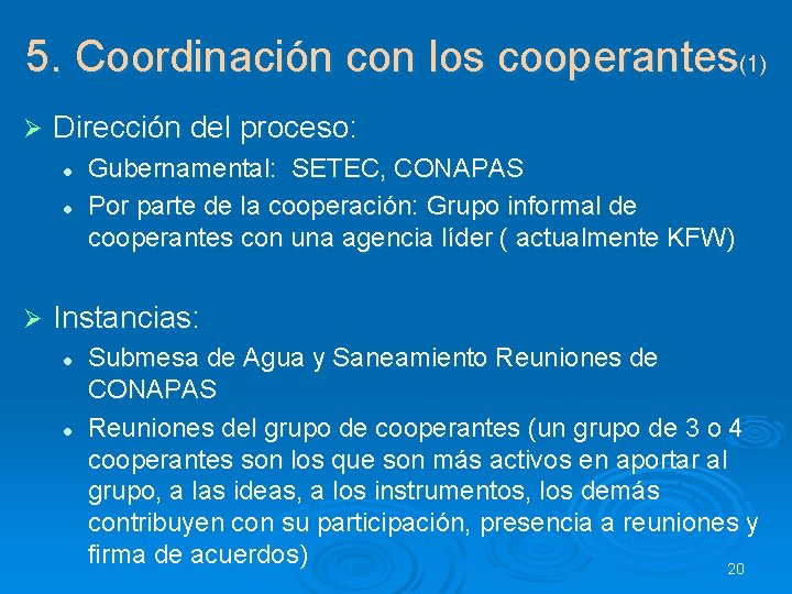 5. Coordinación con los cooperantes(1) Ø Dirección del proceso: l l Ø Gubernamental: SETEC,