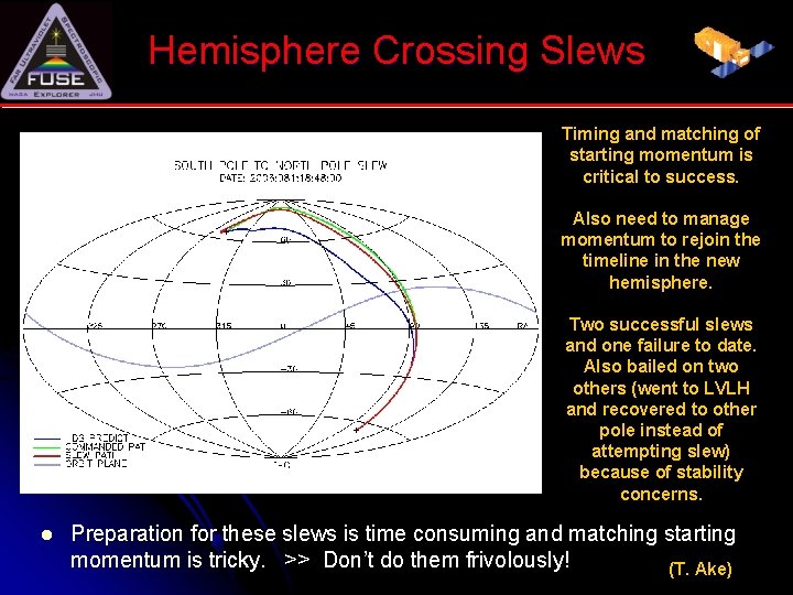 Hemisphere Crossing Slews Timing and matching of starting momentum is critical to success. Also