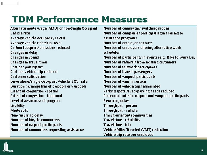 TDM Performance Measures Alternate mode usage (AMU) or non-Single Occupant Vehicle rate Average vehicle