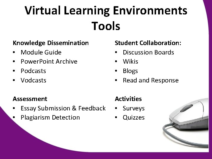 Virtual Learning Environments Tools Knowledge Dissemination • Module Guide • Power. Point Archive •