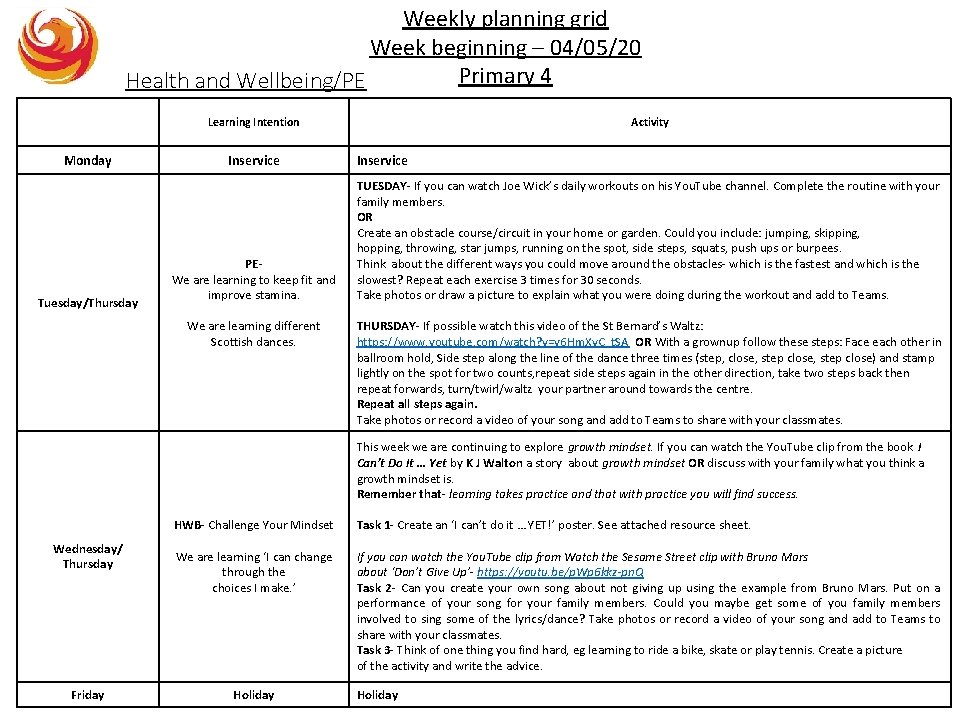 Weekly planning grid Week beginning – 04/05/20 Primary 4 Health and Wellbeing/PE Learning Intention