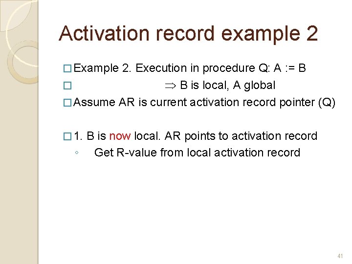 Activation record example 2 � Example 2. Execution in procedure Q: A : = Activation record example 2 � Example 2. Execution in procedure Q: A : =