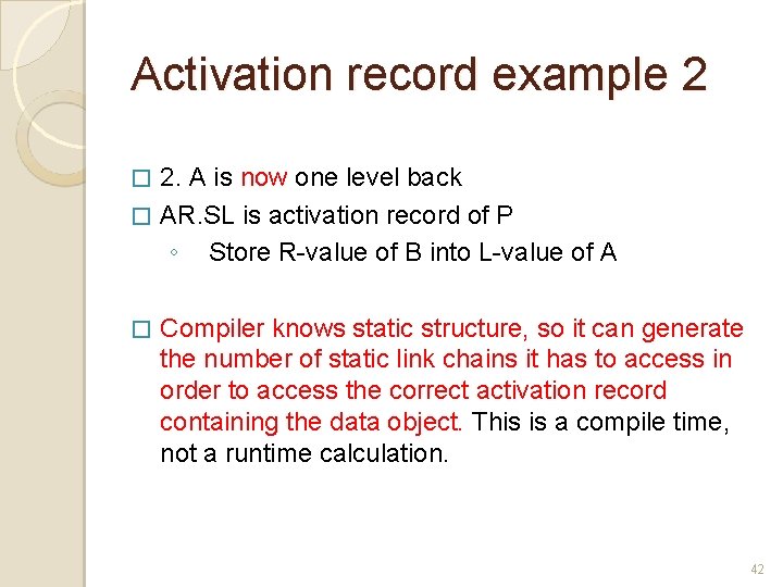 Activation record example 2 2. A is now one level back � AR. SL Activation record example 2 2. A is now one level back � AR. SL