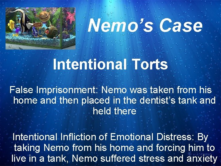 Nemo’s Case Intentional Torts False Imprisonment: Nemo was taken from his home and then