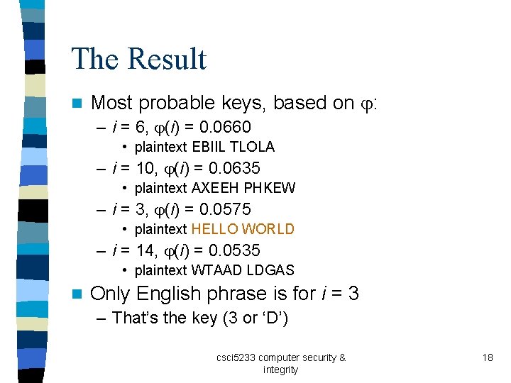 The Result n Most probable keys, based on : – i = 6, (i)