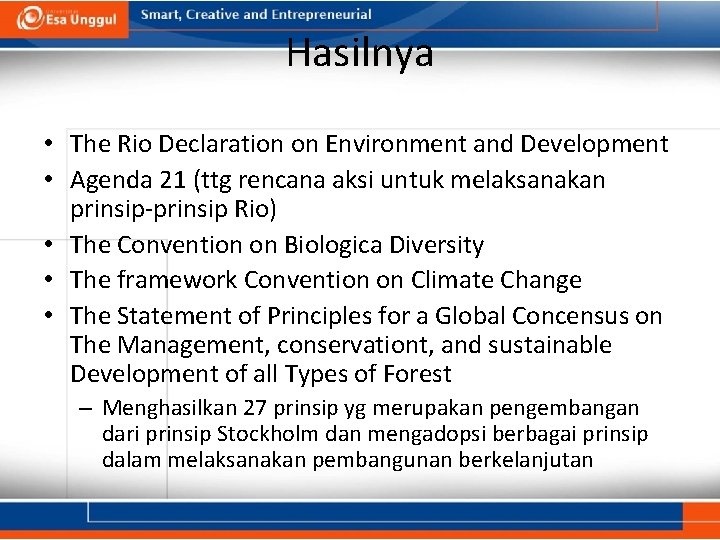 Hasilnya • The Rio Declaration on Environment and Development • Agenda 21 (ttg rencana
