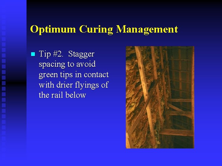 Optimum Curing Management n Tip #2. Stagger spacing to avoid green tips in contact