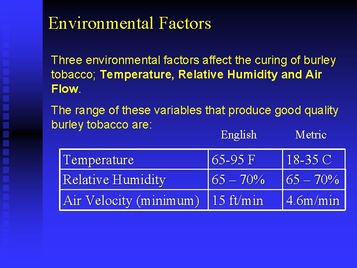 Environmental Factors Three environmental factors affect the curing of burley tobacco; Temperature, Relative Humidity