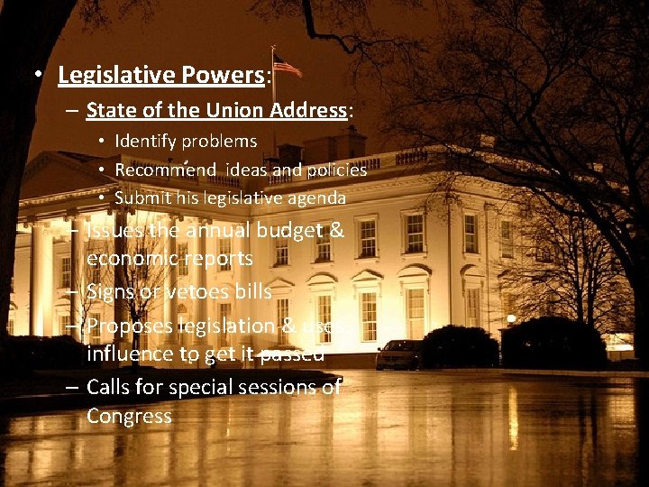  • Legislative Powers: – State of the Union Address: • Identify problems •