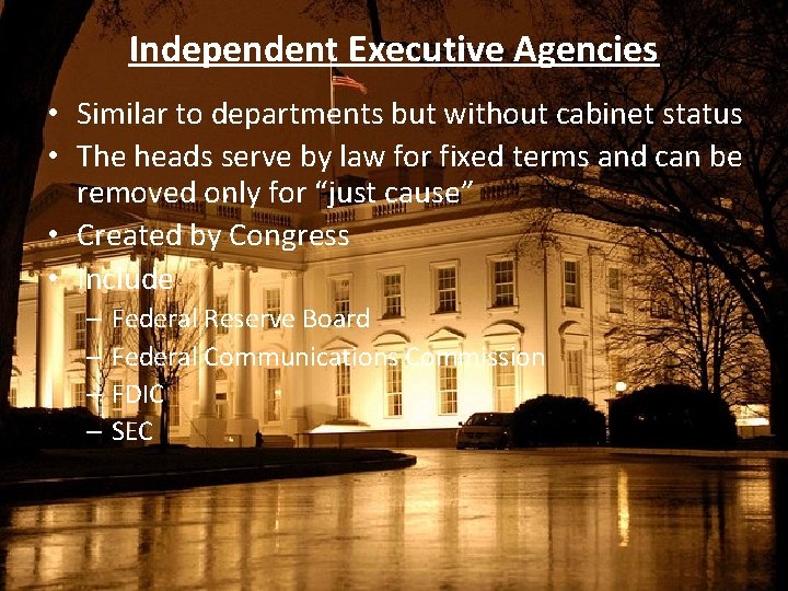 Independent Executive Agencies • Similar to departments but without cabinet status • The heads