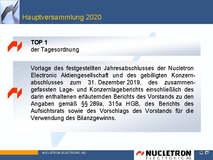 Hauptversammlung 2020 Top 1 TOP 1 der Tagesordnung Vorlage des festgestellten Jahresabschlusses der Nucletron