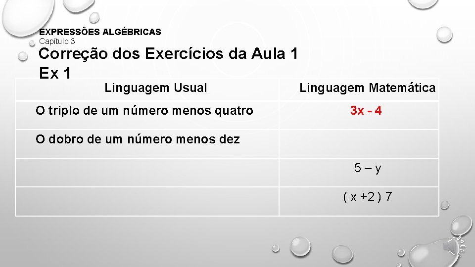 EXPRESSÕES ALGÉBRICAS Capítulo 3 Correção dos Exercícios da Aula 1 Ex 1 Linguagem Usual