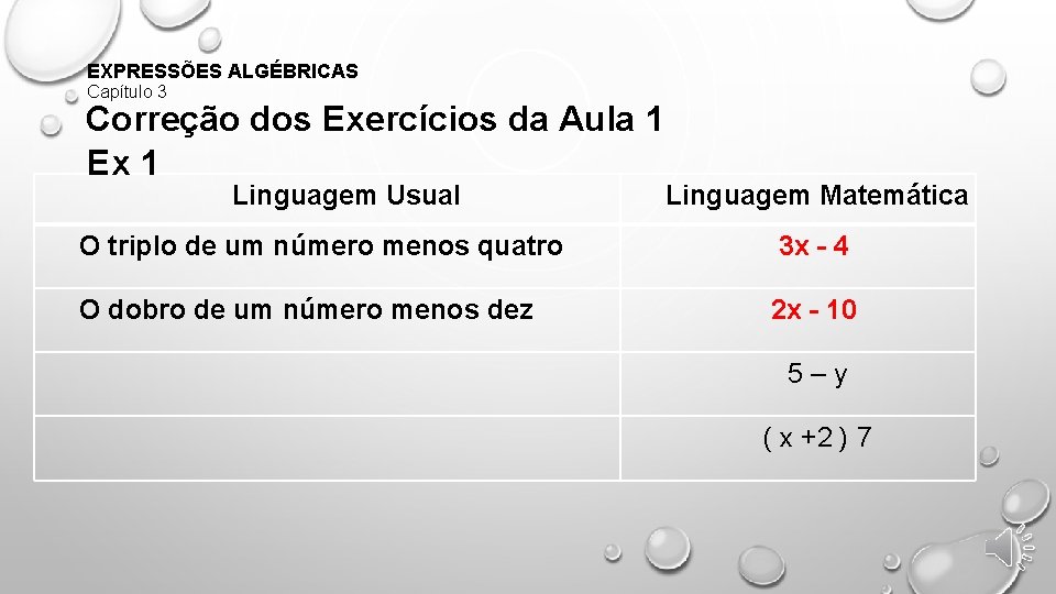 EXPRESSÕES ALGÉBRICAS Capítulo 3 Correção dos Exercícios da Aula 1 Ex 1 Linguagem Usual