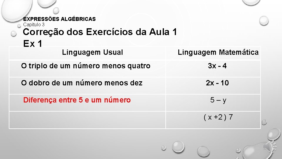 EXPRESSÕES ALGÉBRICAS Capítulo 3 Correção dos Exercícios da Aula 1 Ex 1 Linguagem Usual