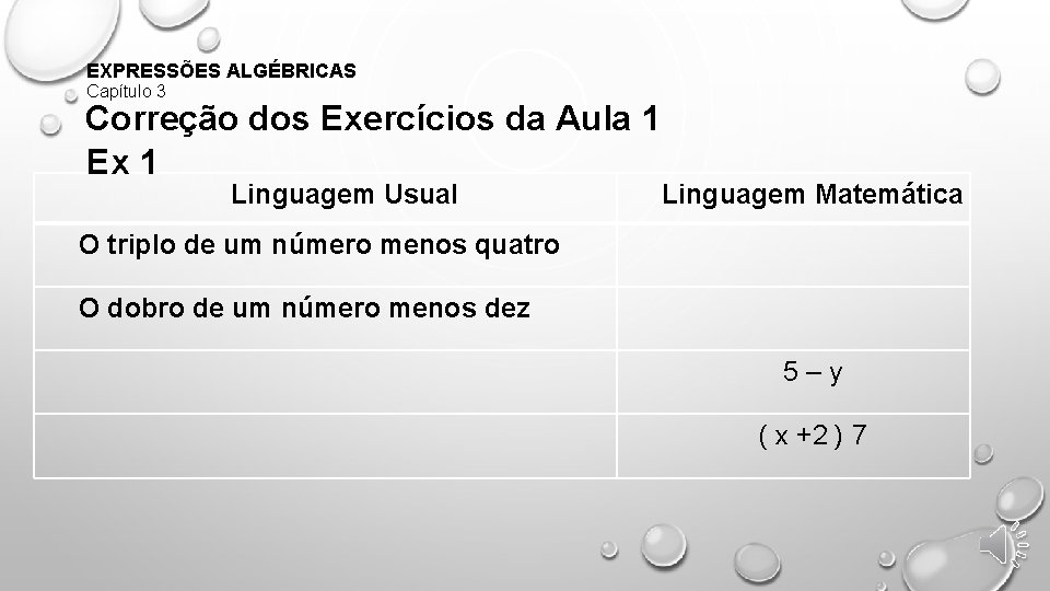 EXPRESSÕES ALGÉBRICAS Capítulo 3 Correção dos Exercícios da Aula 1 Ex 1 Linguagem Usual