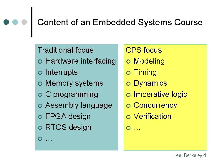 Content of an Embedded Systems Course Traditional focus ¢ Hardware interfacing ¢ Interrupts ¢