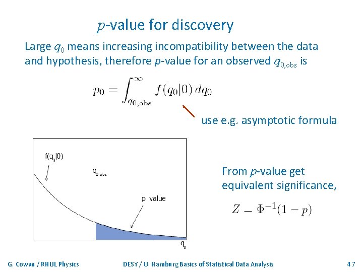 p-value for discovery Large q 0 means increasing incompatibility between the data and hypothesis,