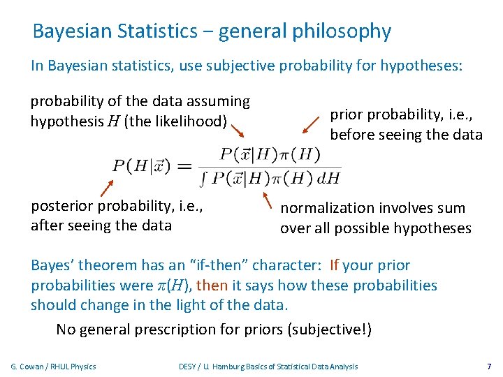 Bayesian Statistics − general philosophy In Bayesian statistics, use subjective probability for hypotheses: probability