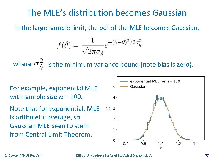 The MLE’s distribution becomes Gaussian In the large-sample limit, the pdf of the MLE