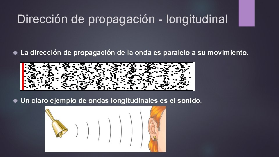 Dirección de propagación - longitudinal La dirección de propagación de la onda es paralelo