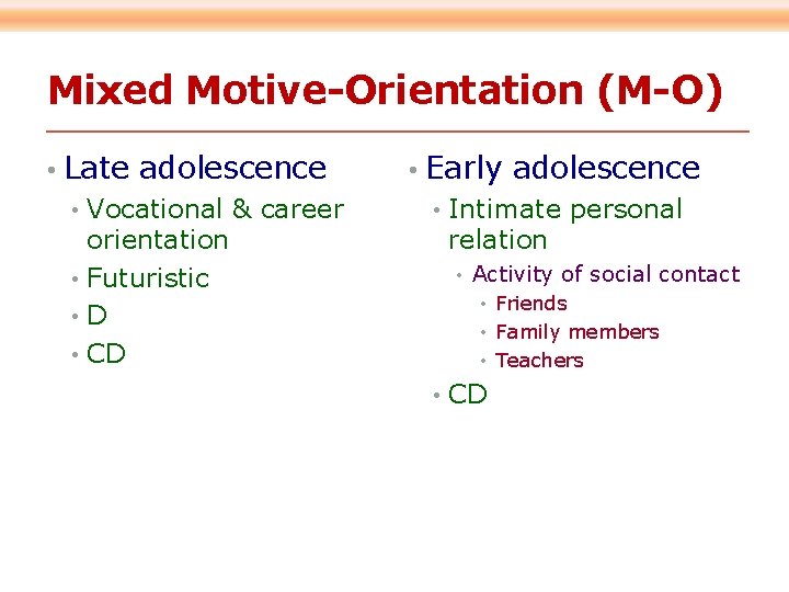 Mixed Motive-Orientation (M-O) • Late adolescence • Vocational & career orientation • Futuristic •