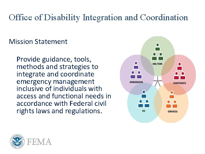 Office of Disability Integration and Coordination Mission Statement Provide guidance, tools, methods and strategies
